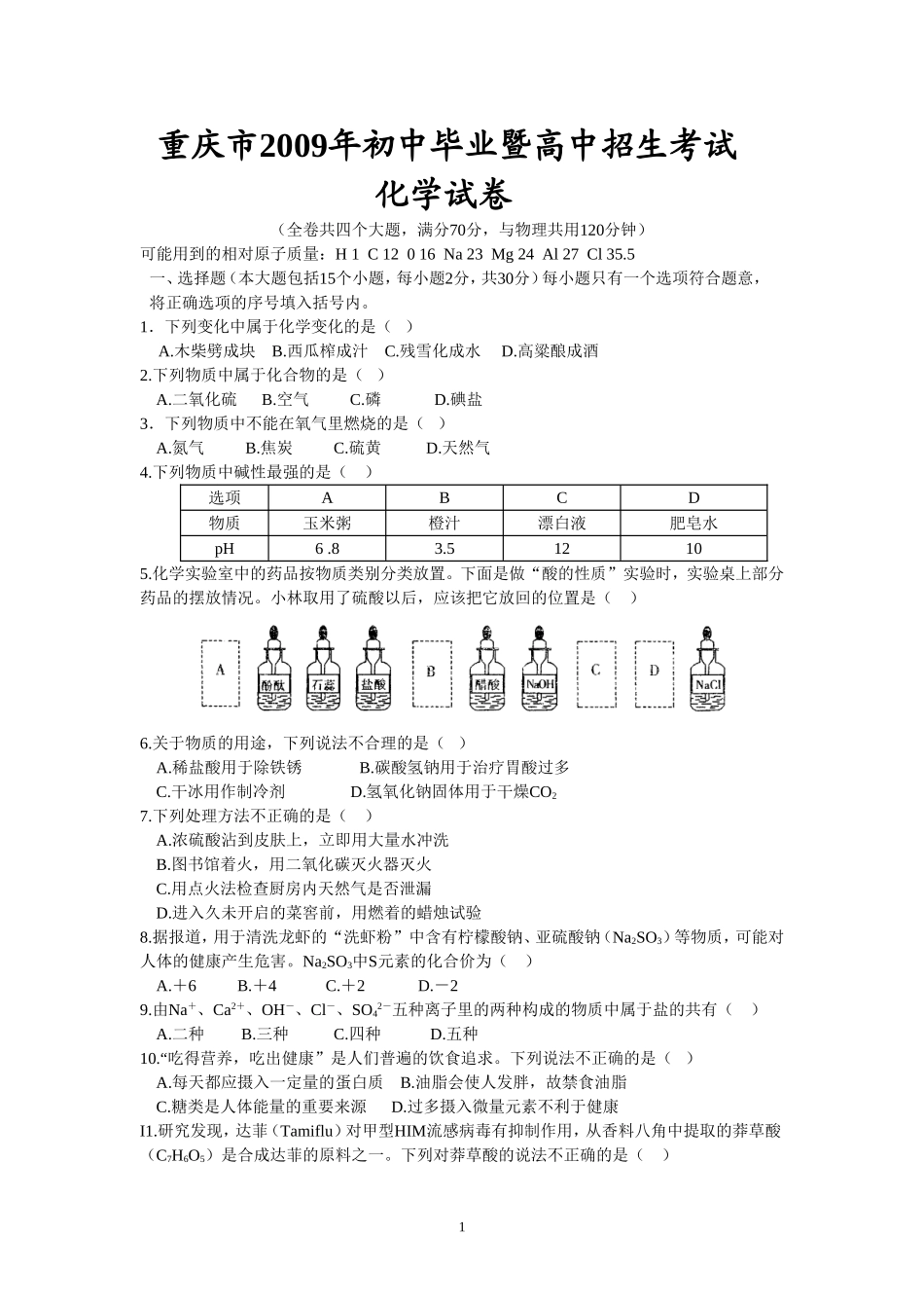 2009年重庆市中考化学试卷(含答案).doc_第1页