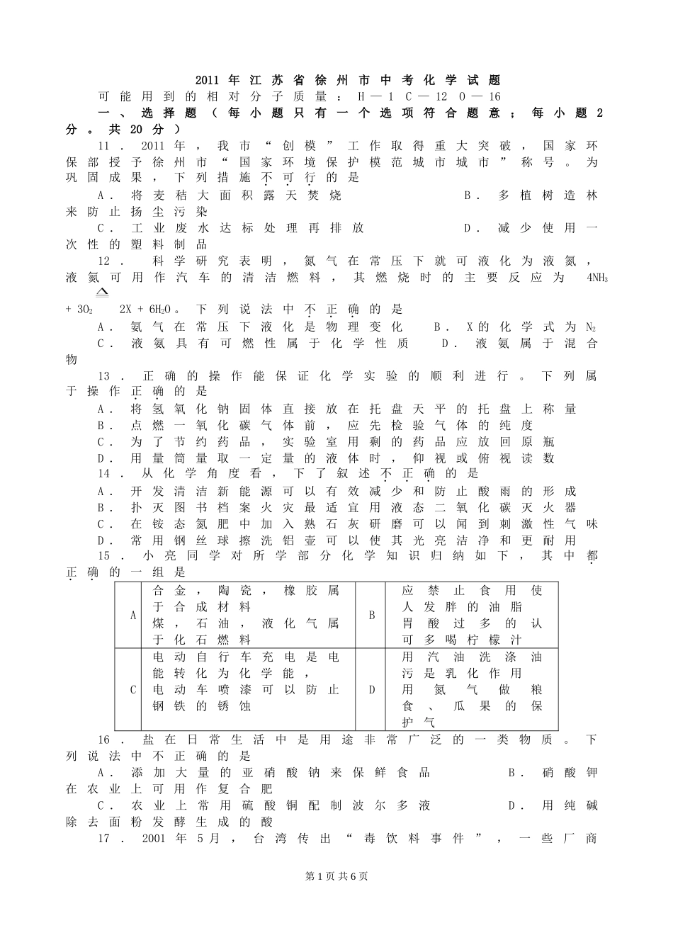 2011年江苏省徐州市中考化学试题及答案.doc_第1页