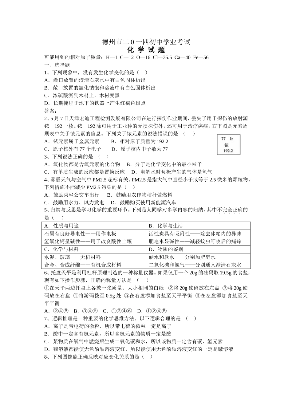 2014年德州市中考化学试卷及答案.doc_第1页