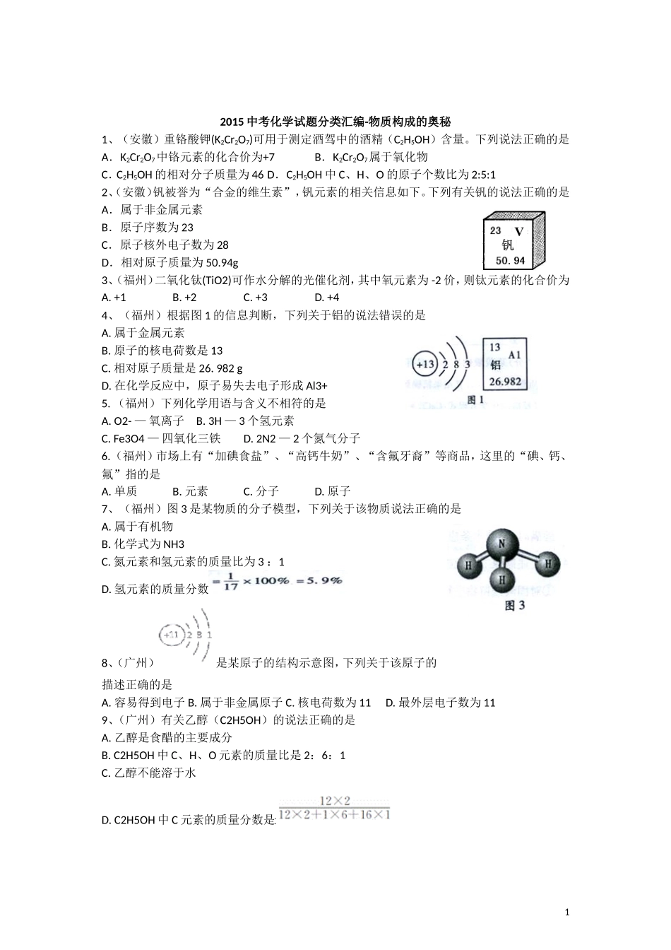 2015年全国各地中考化学试题分类汇编：物质构成的奥秘（含答案）.doc_第1页
