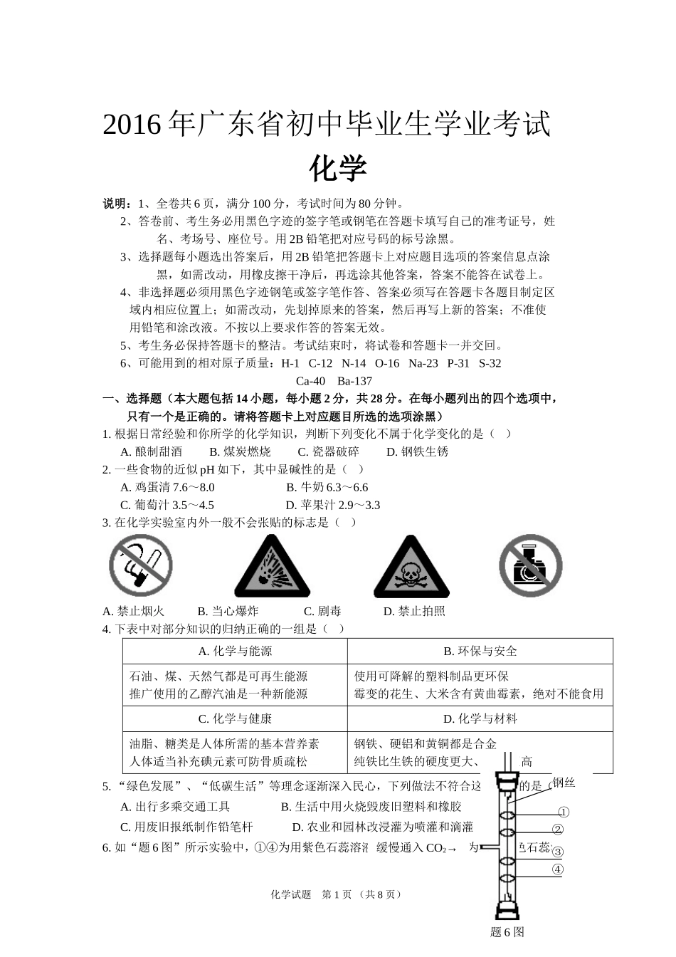 2016年广东省中考化学试题及答案.doc_第1页