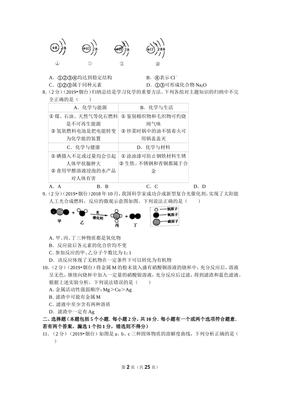 2019年山东省烟台市中考化学试题及答案.doc_第2页