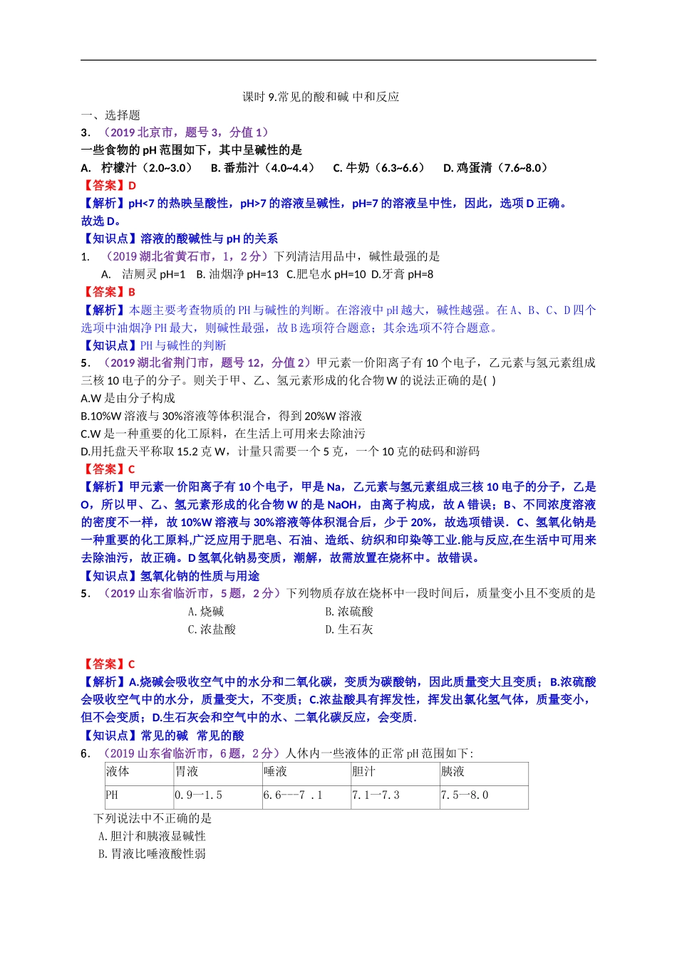 2019年中考化学试题分类汇编：常见的酸和碱 中和反应.doc_第1页