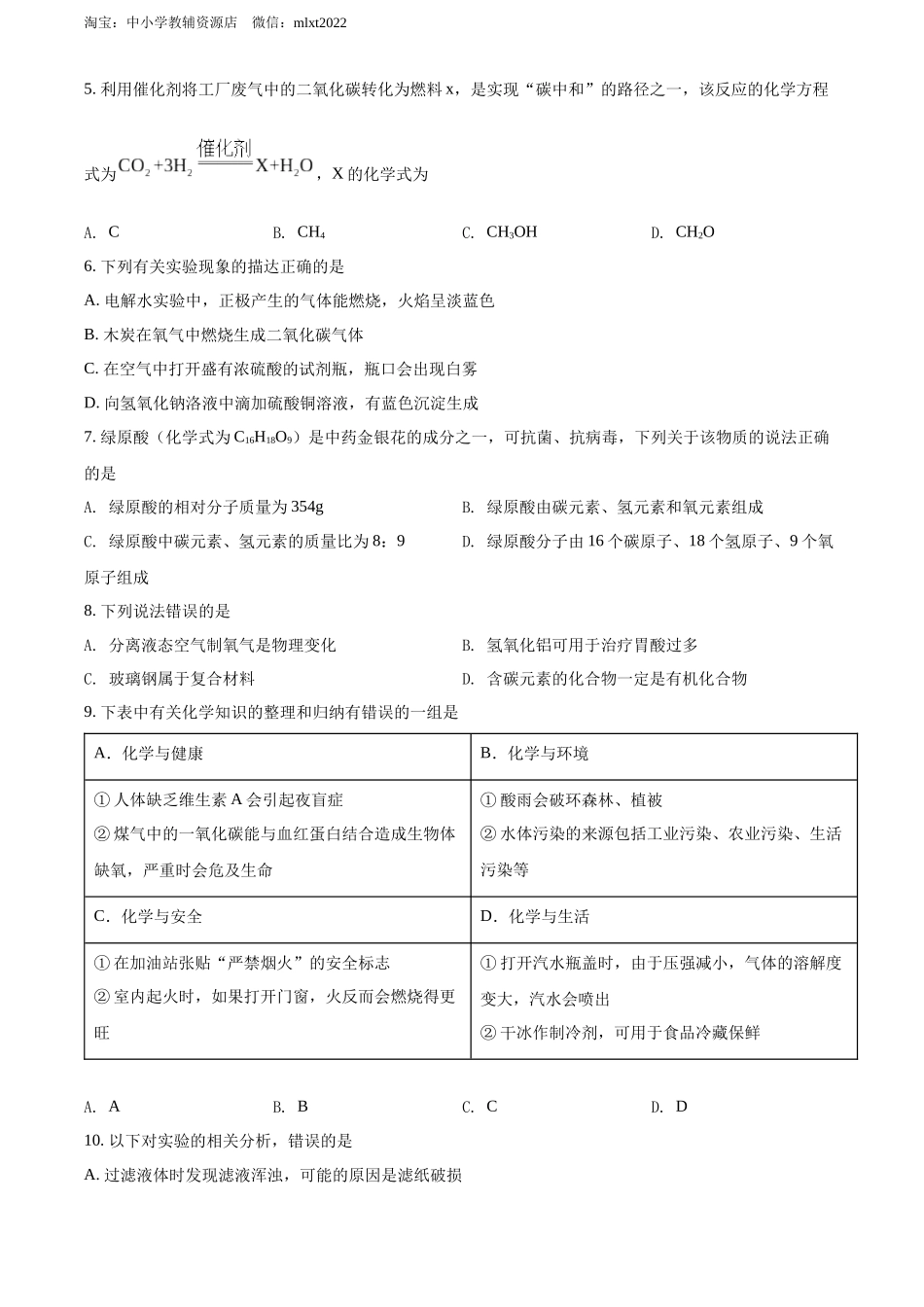 2022年黑龙江省齐齐哈尔市中考化学真题（原卷版）.docx_第2页