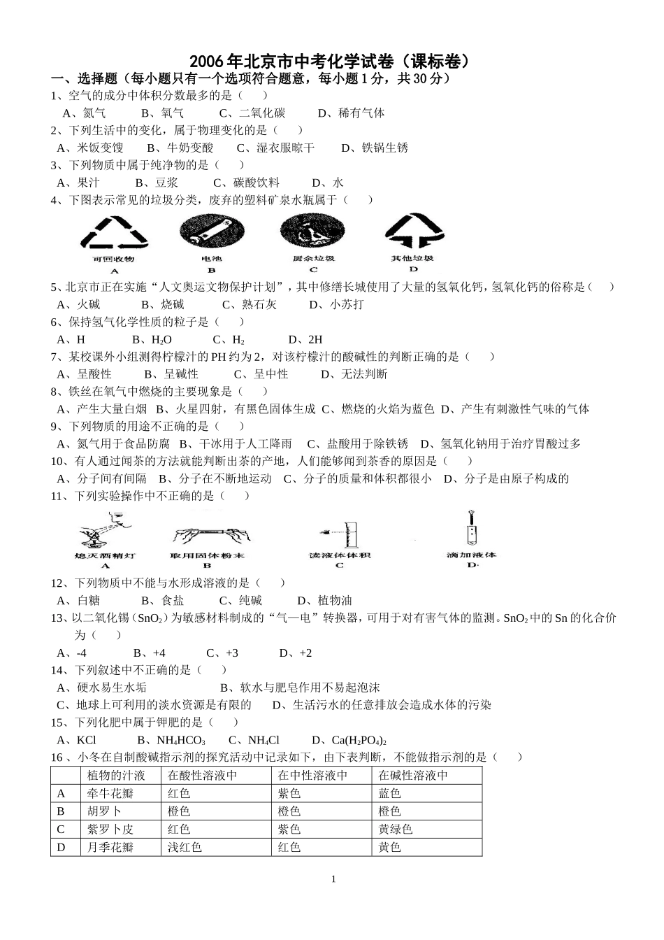 北京市2006年度中考化学真题与答案.doc_第1页