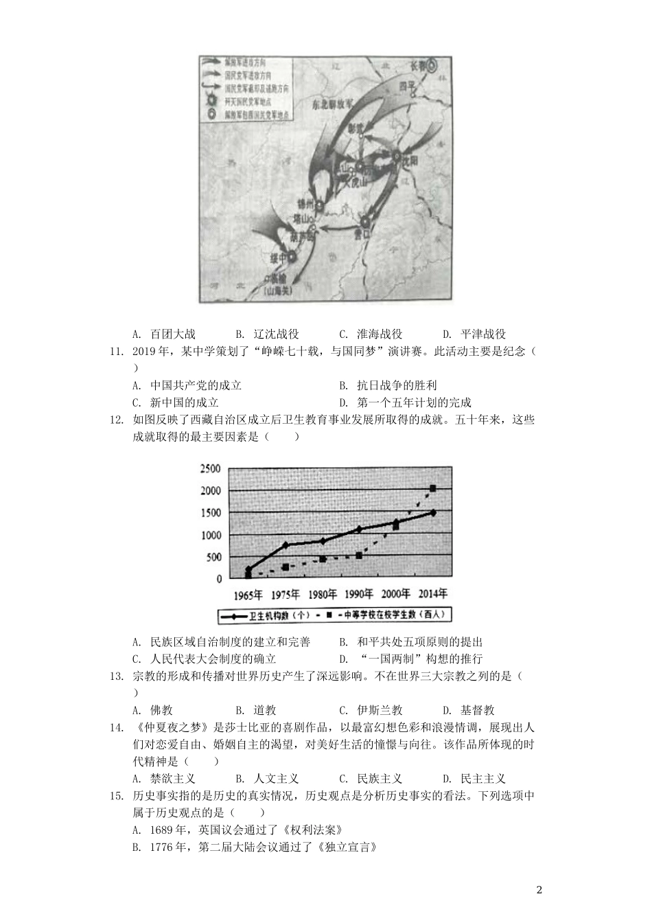 2019年江苏省泰州市中考历史试题及参考答案.docx_第2页