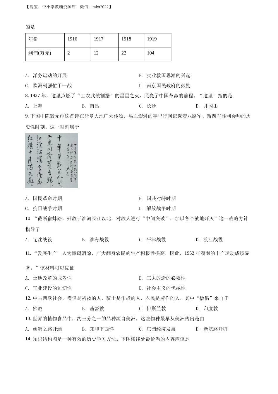 2022年江苏省盐城市中考历史真题（原卷版）.docx_第2页