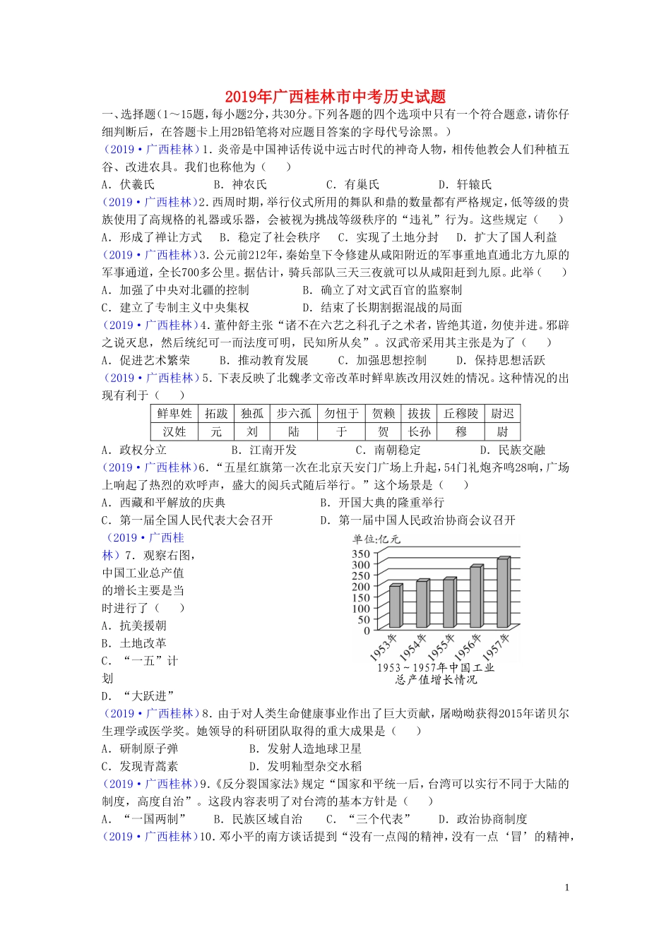 广西桂林市2019年中考历史真题试题.doc_第1页