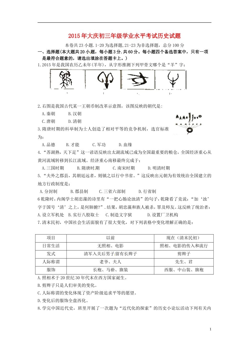 黑龙江省大庆市2015年中考历史真题试题（含答案）.doc_第1页