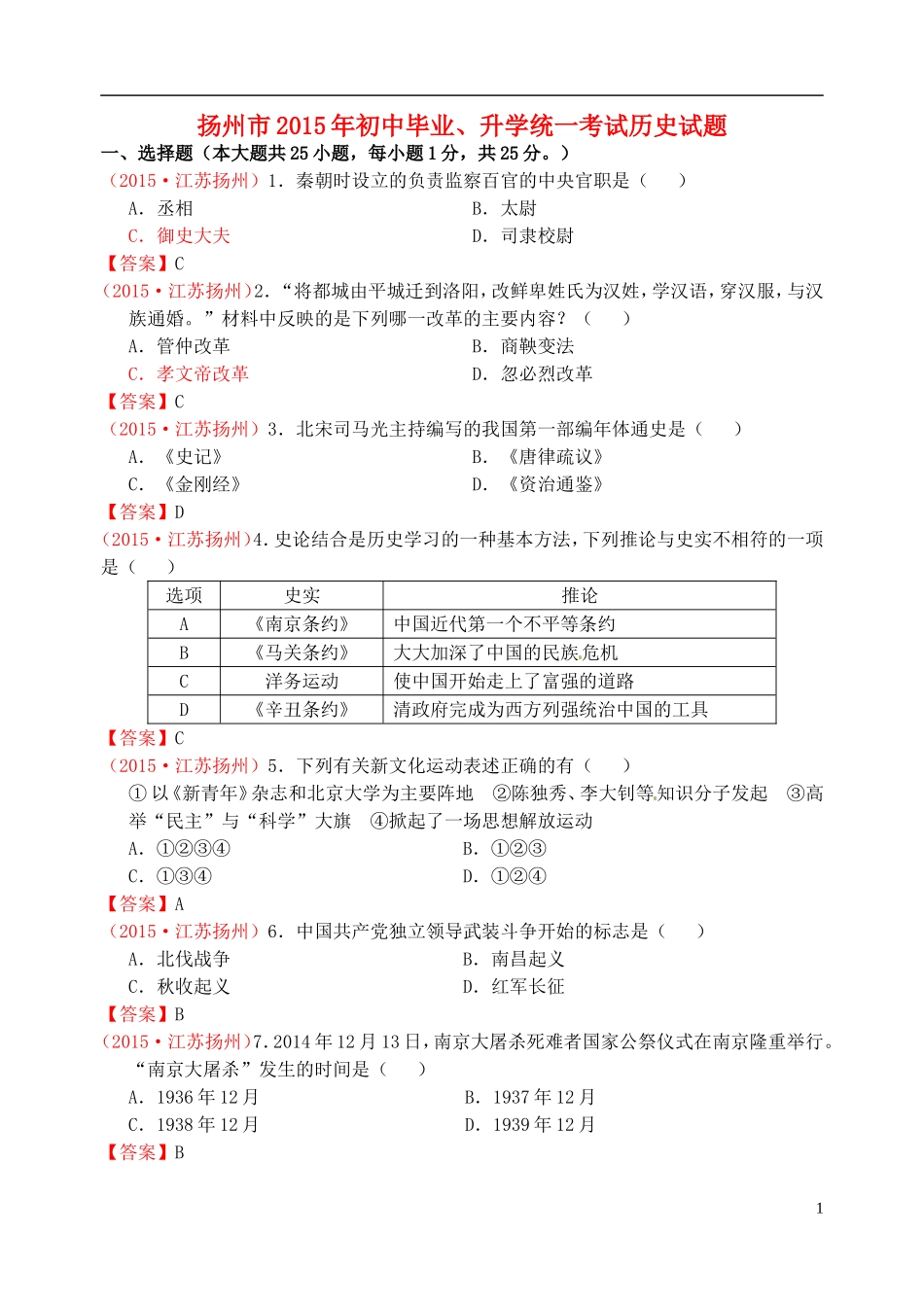 江苏省扬州市2015年中考历史真题试题（含答案）.doc_第1页