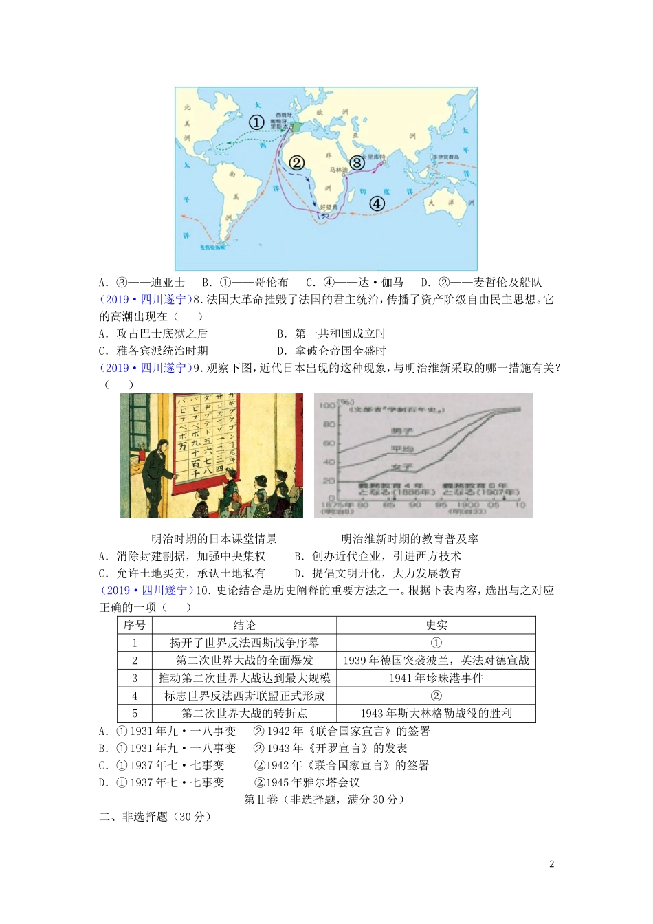 四川省遂宁市2019年中考历史真题试题.doc_第2页