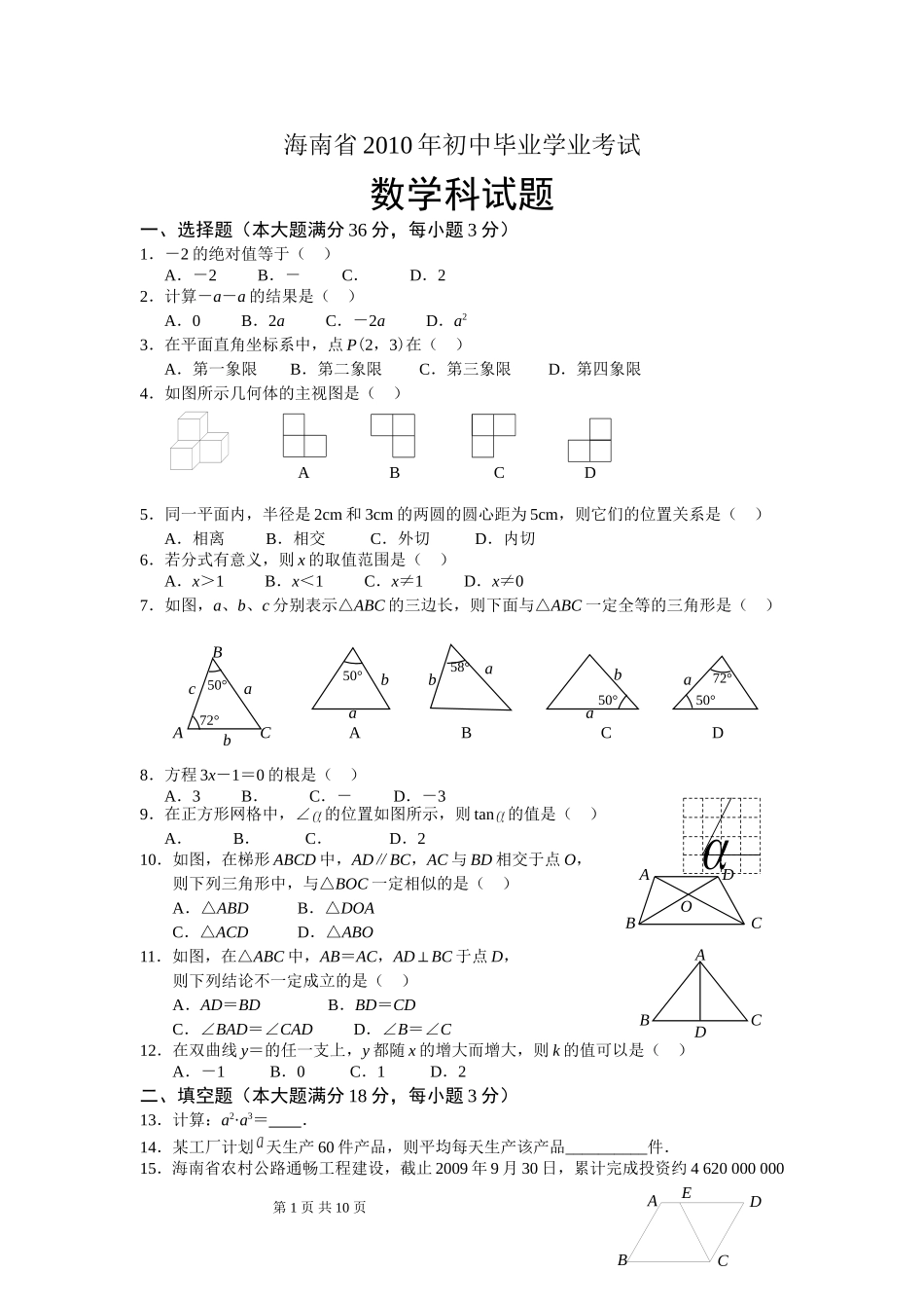 2010年海南中考数学试题及答案.doc_第1页
