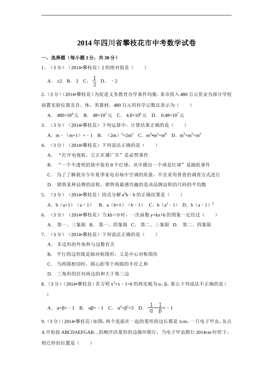 2014年四川省攀枝花市中考数学试卷（含解析版）.doc_第1页