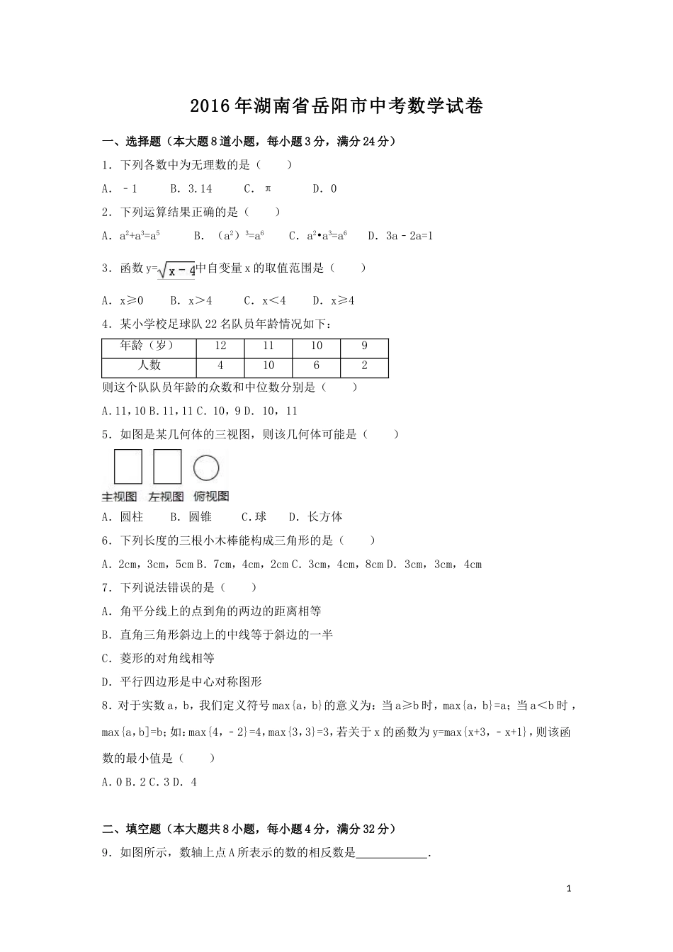 2016年湖南省岳阳市中考数学试卷（含解析版）.doc_第1页