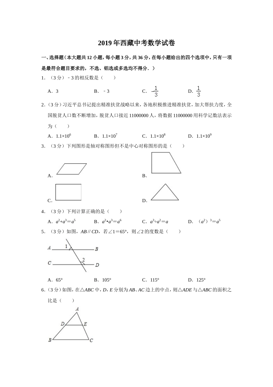 2019年西藏中考数学试题（含解析）.doc_第1页