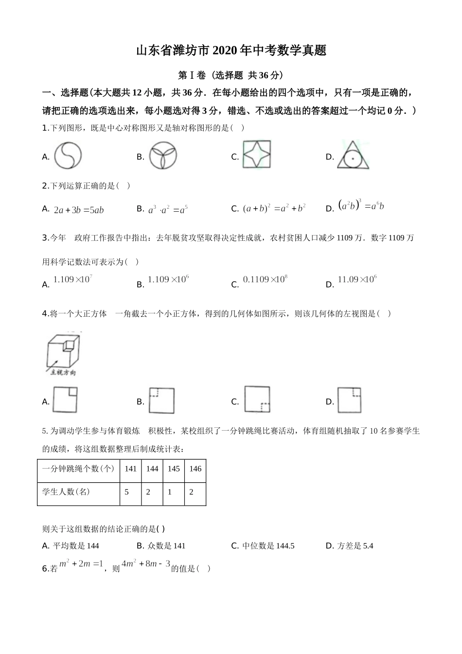 2020年山东省潍坊市中考数学试题及答案.doc_第1页