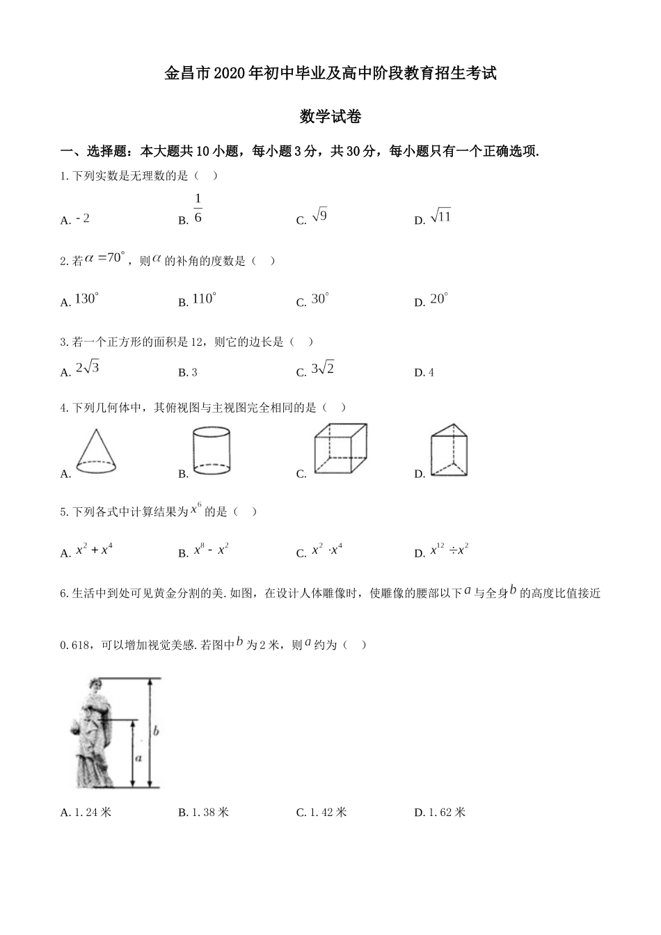 甘肃省金昌市2020年中考数学试题.docx_第1页