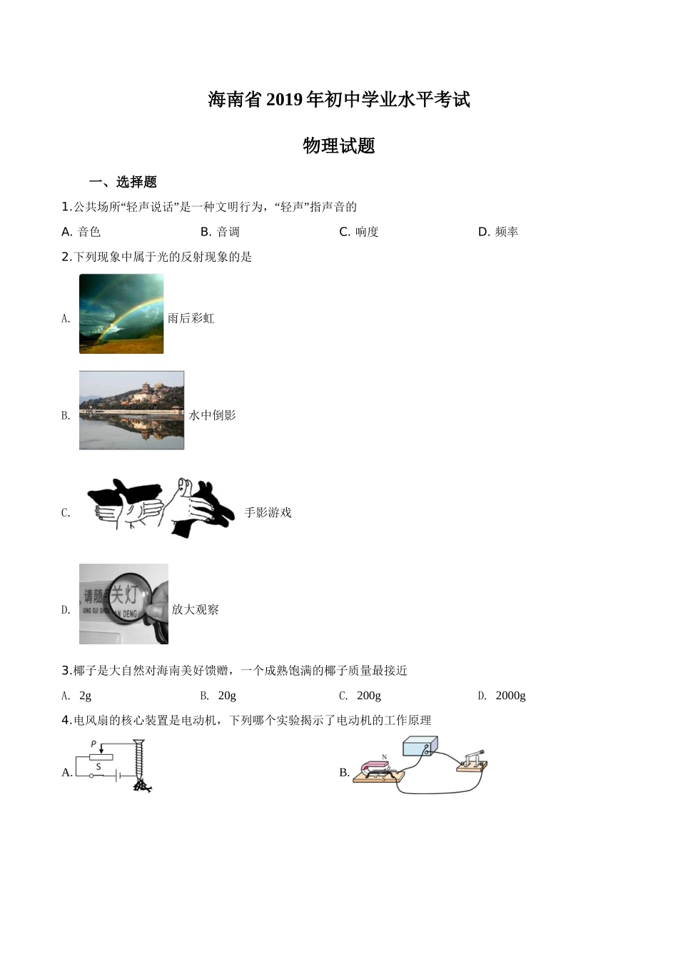 2019年海南省中考物理试题（原卷版）.doc_第1页