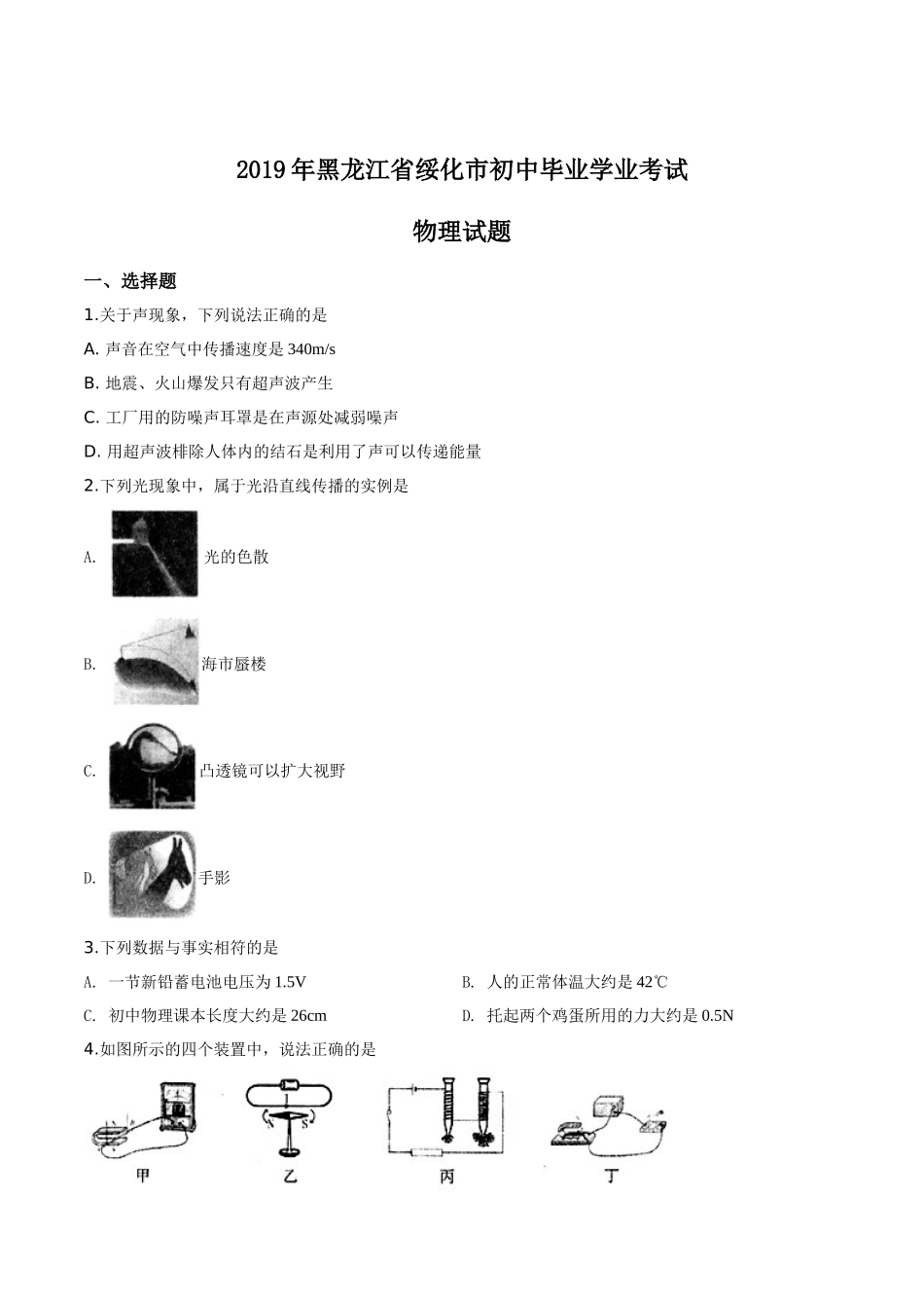 2019年黑龙江省绥化市中考物理试题（原卷版）.doc_第1页