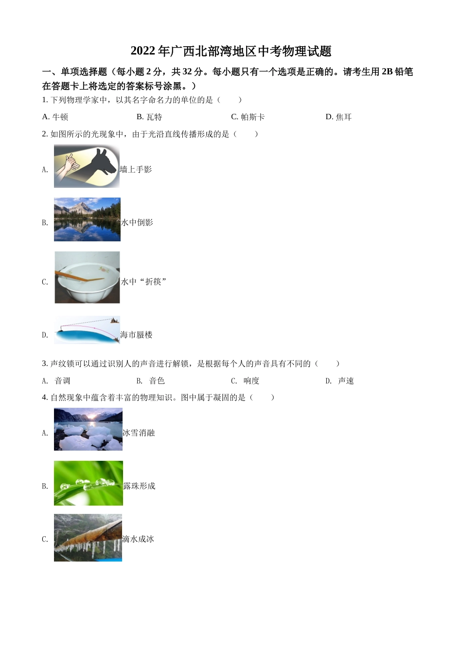 2022年广西北部湾地区中考物理试题（原卷版）.docx_第1页
