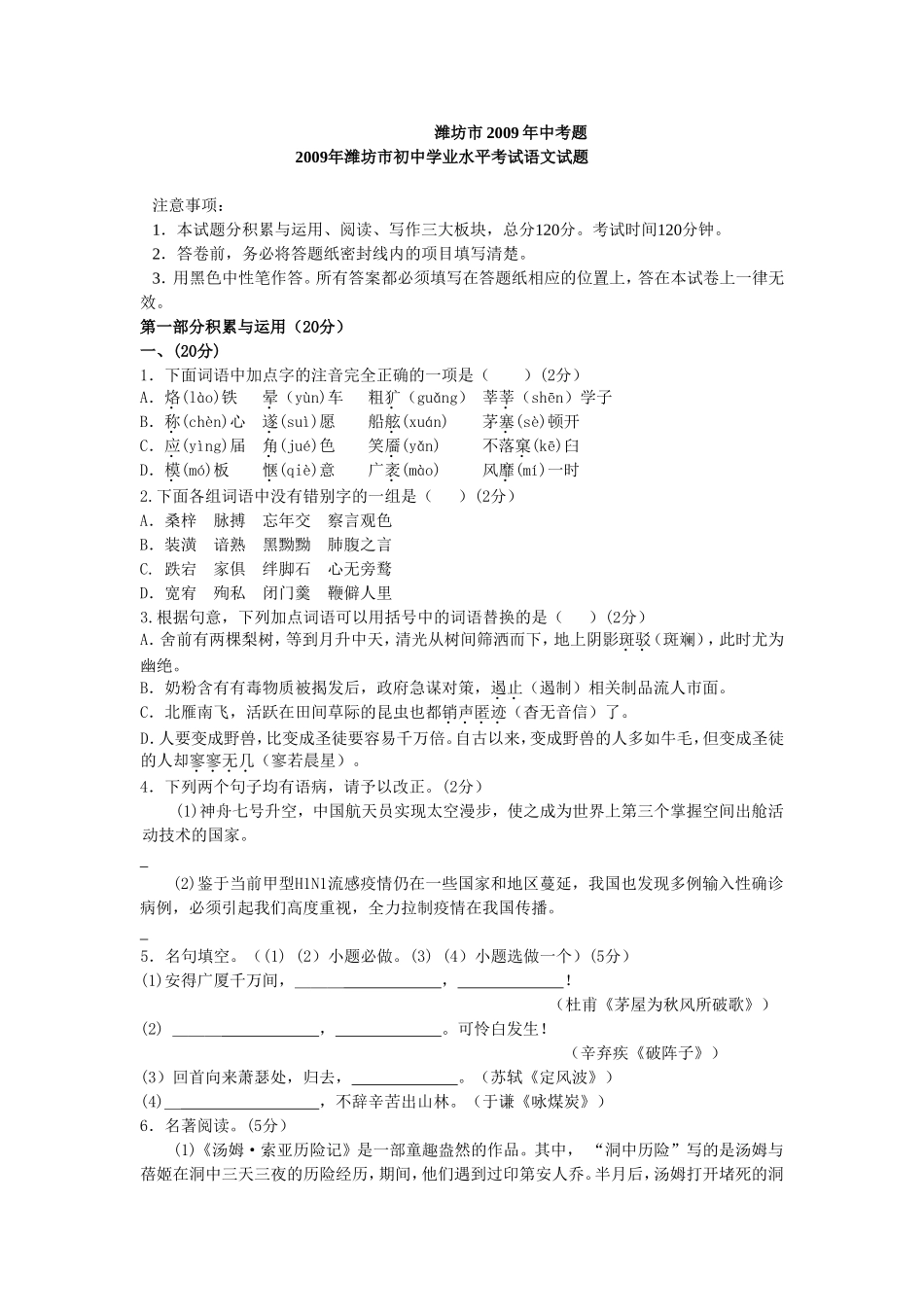 2009年山东省潍坊市中考语文试题及答案.doc_第1页