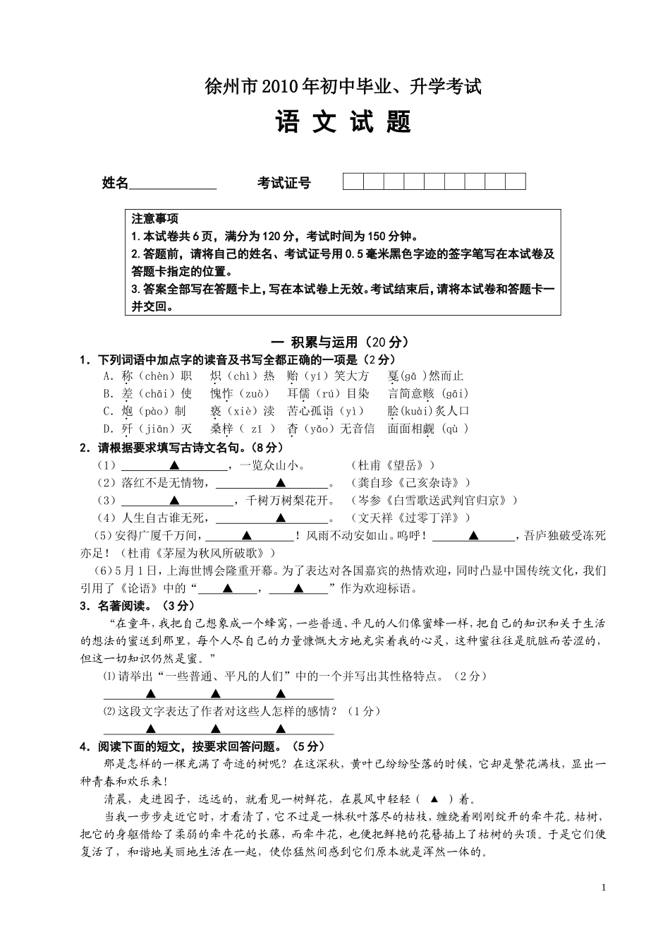 2010年江苏省徐州市中考语文试题及答案.doc_第1页