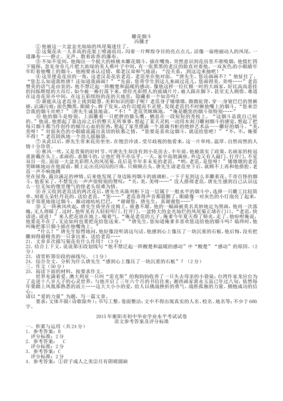 2015年湖南省衡阳市中考语文试题（word版，含参考答案）.doc_第3页