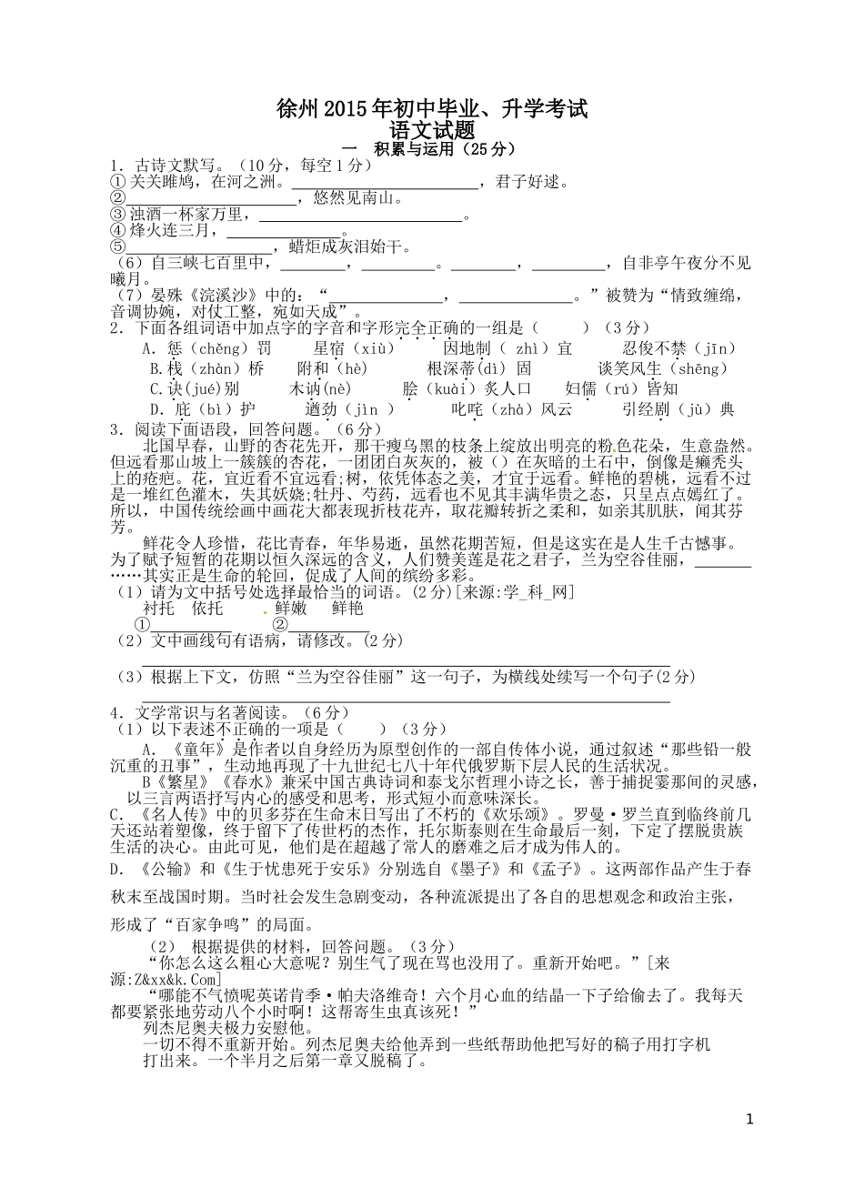 2015年江苏省徐州市中考语文试题及答案.doc_第1页