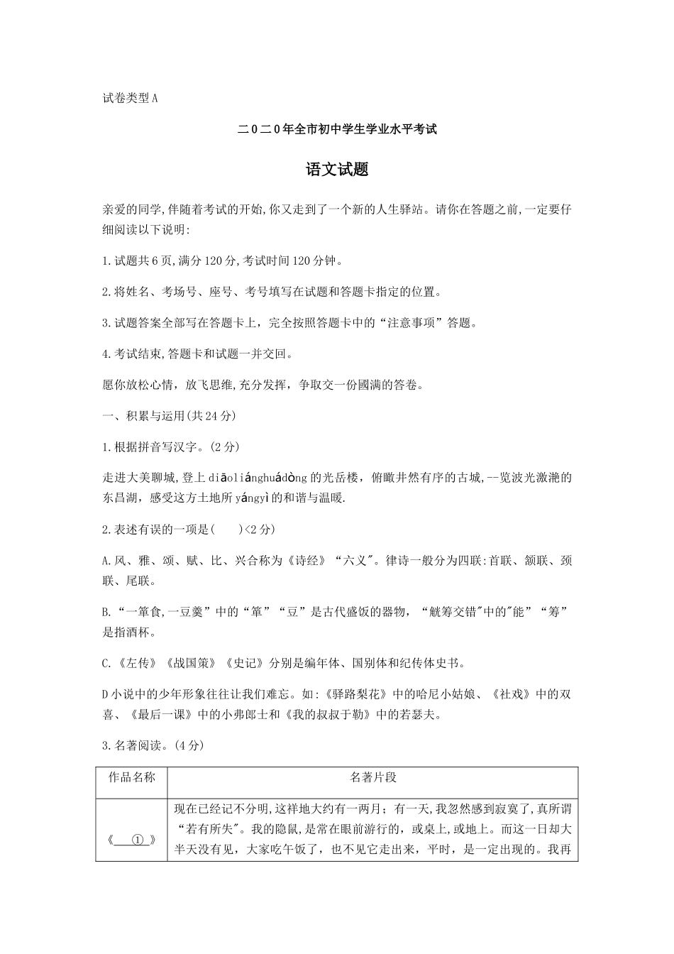 2020年聊城市中考语文试题（含答案）.docx_第1页