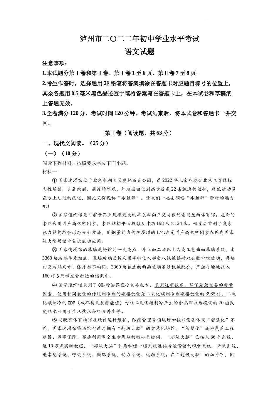 2022年四川省泸州市中考语文真题（解析版）.docx_第1页
