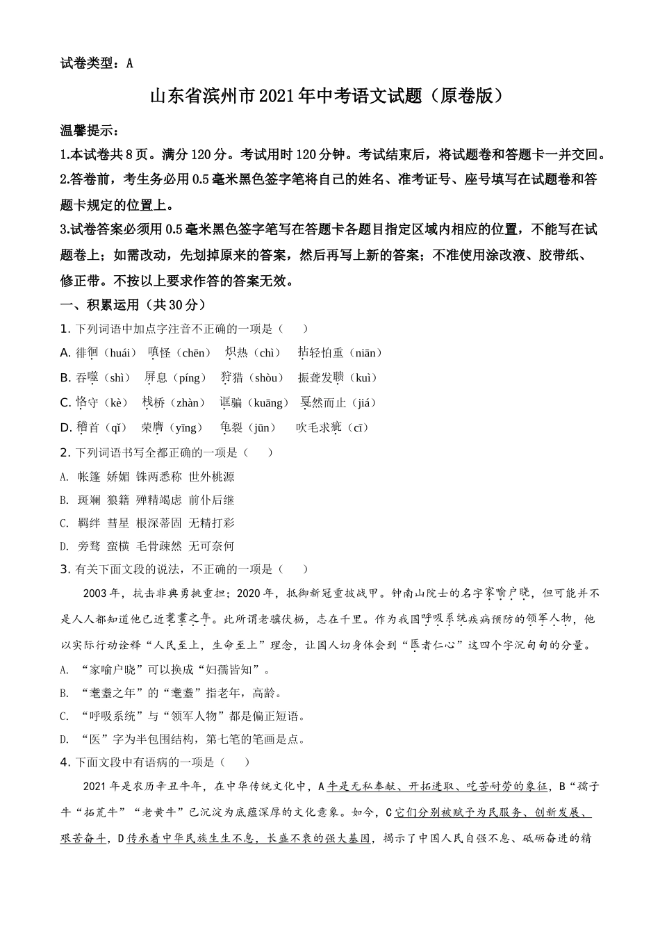 山东省滨州市2021年中考语文试题(原卷版).doc_第1页