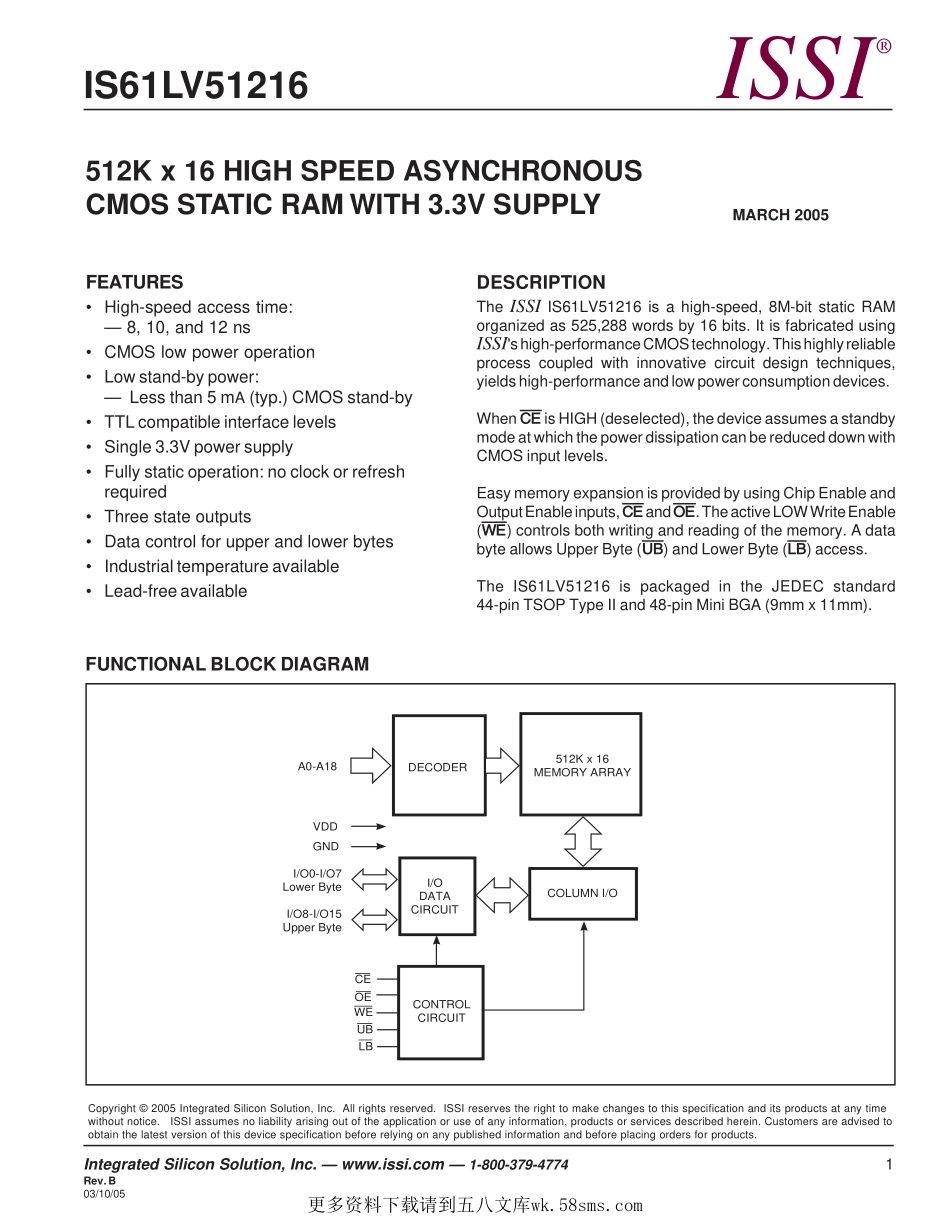 IC封装资料_易失性存储器_IS61LV51216-10TI.pdf_第1页