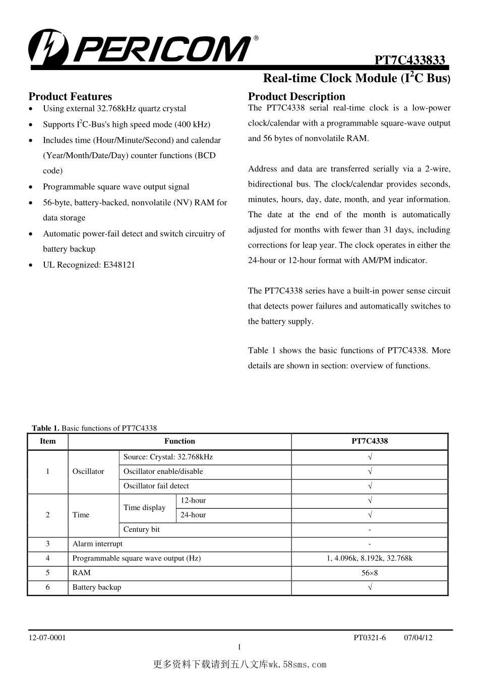 IC封装资料_时钟管理_PT7C433833UE.pdf_第1页