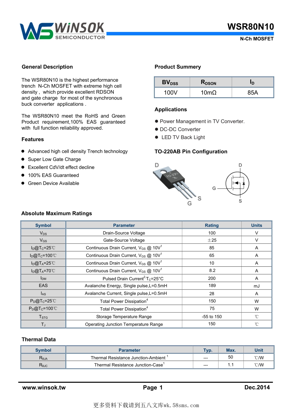 IC封装资料_三极管_WSR80N10.pdf_第1页