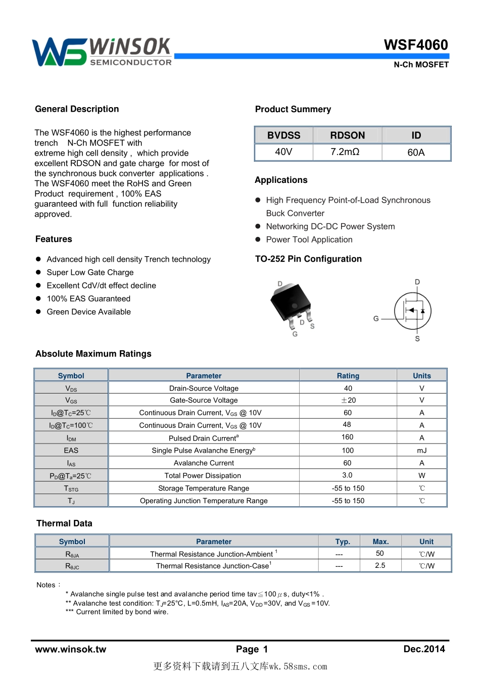 IC封装资料_三极管_WSF4060.pdf_第1页