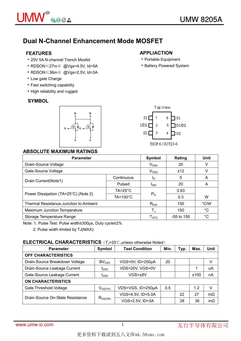 IC封装资料_三极管_UMW_8205A.pdf_第1页