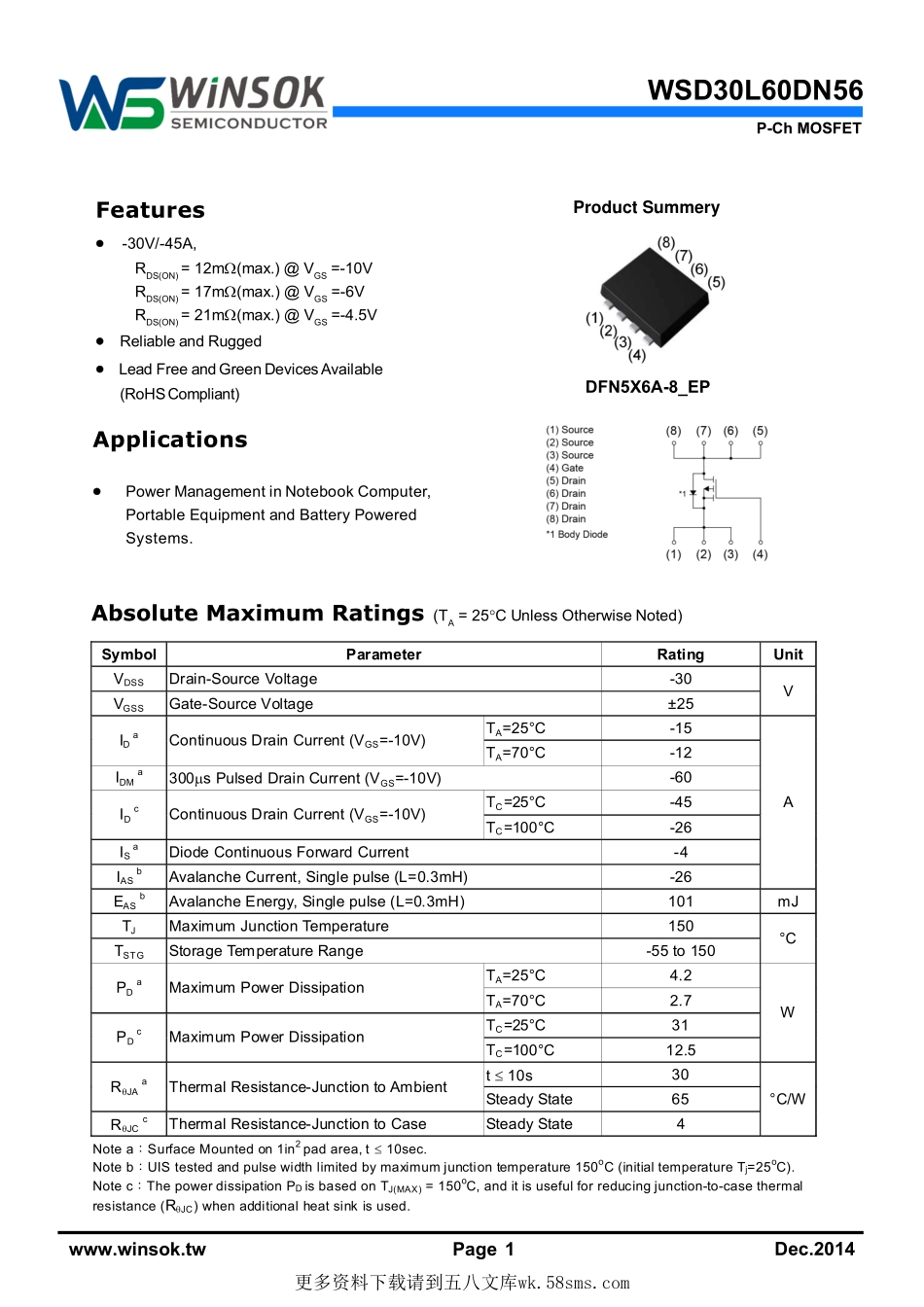 IC封装资料_三极管_WSD30L60DN56.pdf_第1页