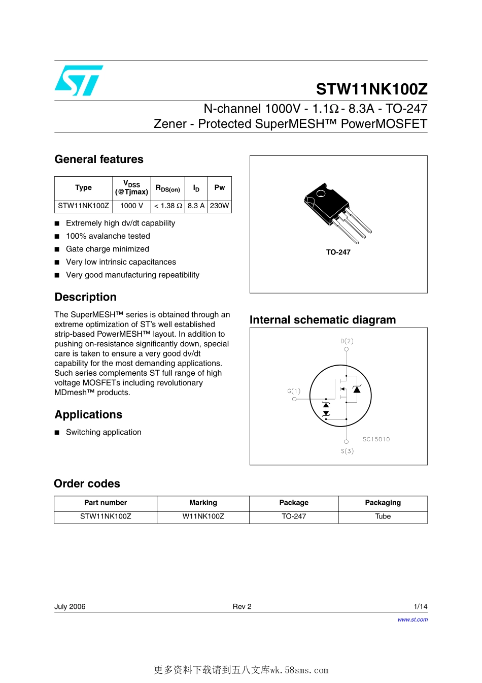 IC封装资料_三极管_STW11NK100Z.pdf_第1页