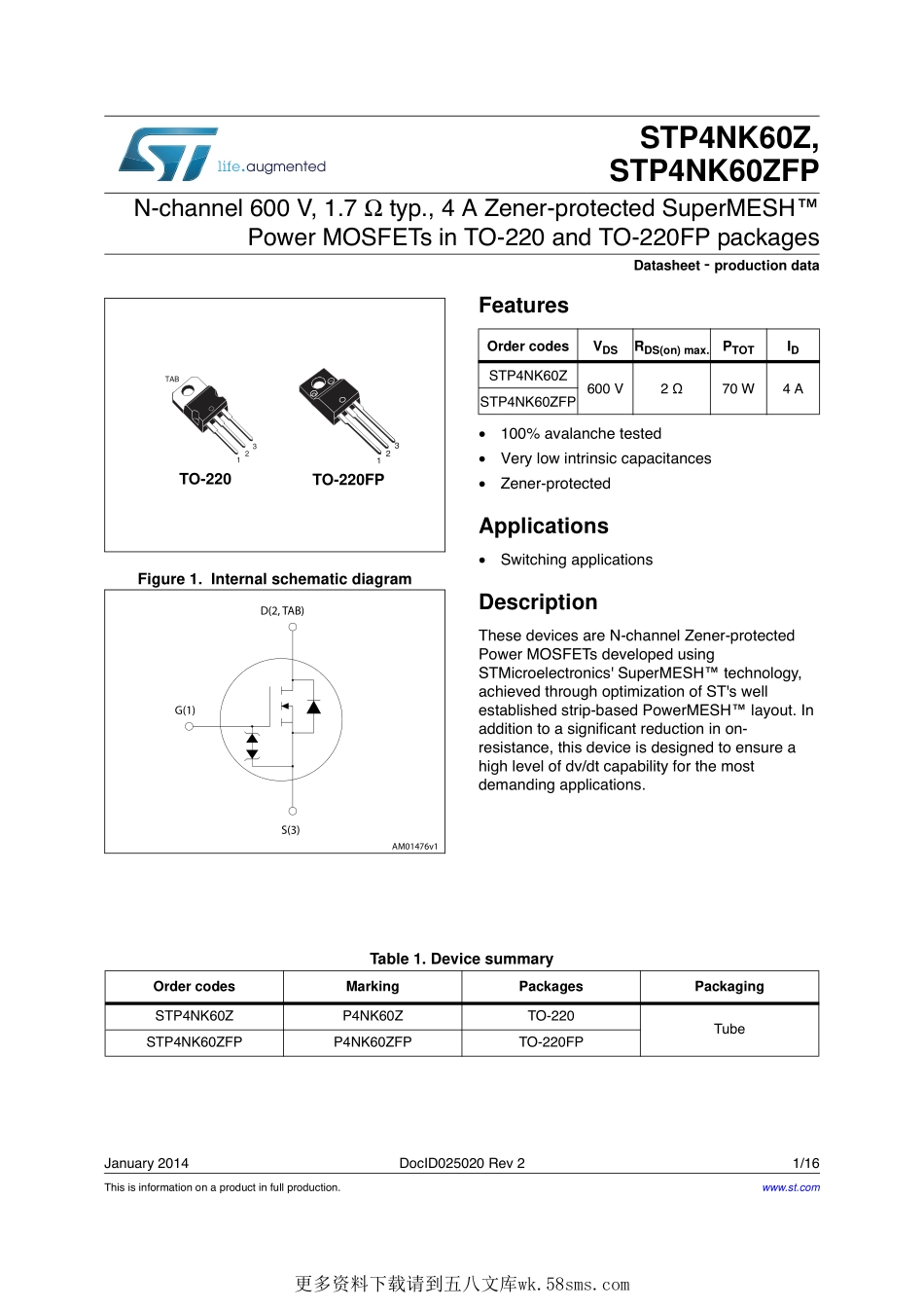 IC封装资料_三极管_STP4NK60ZFP.pdf_第1页