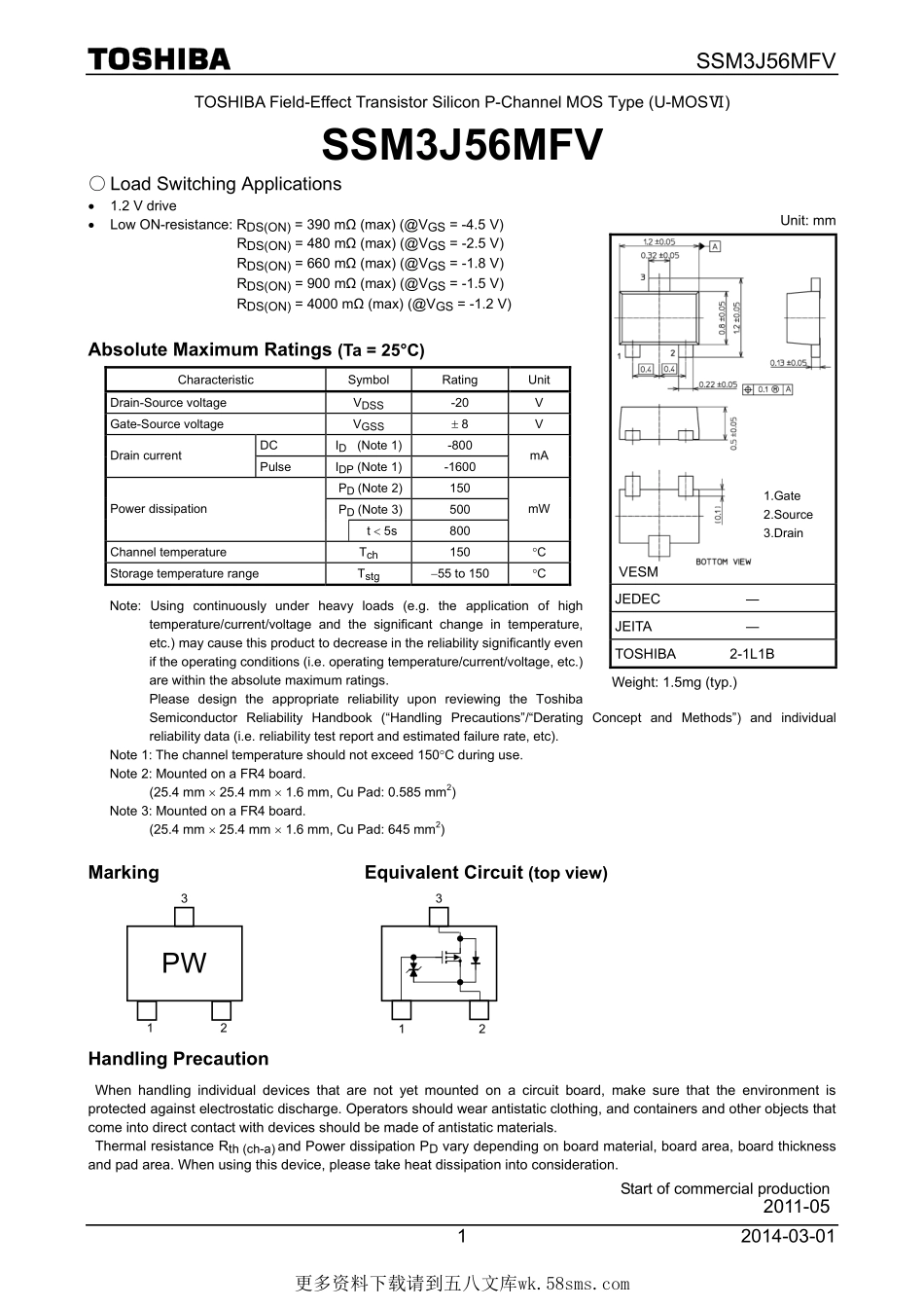 IC封装资料_三极管_SSM3J56MFV_L3F_T.pdf_第1页