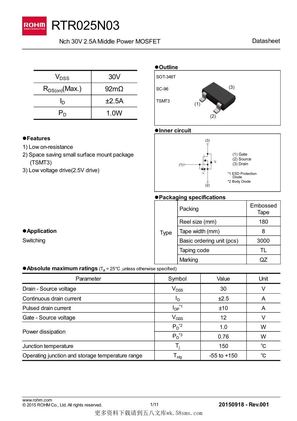 IC封装资料_三极管_RTR025N03TL.pdf_第1页