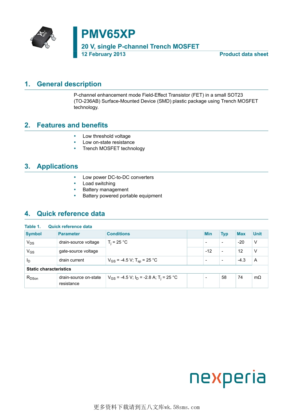 IC封装资料_三极管_PMV65XP_215.pdf_第1页