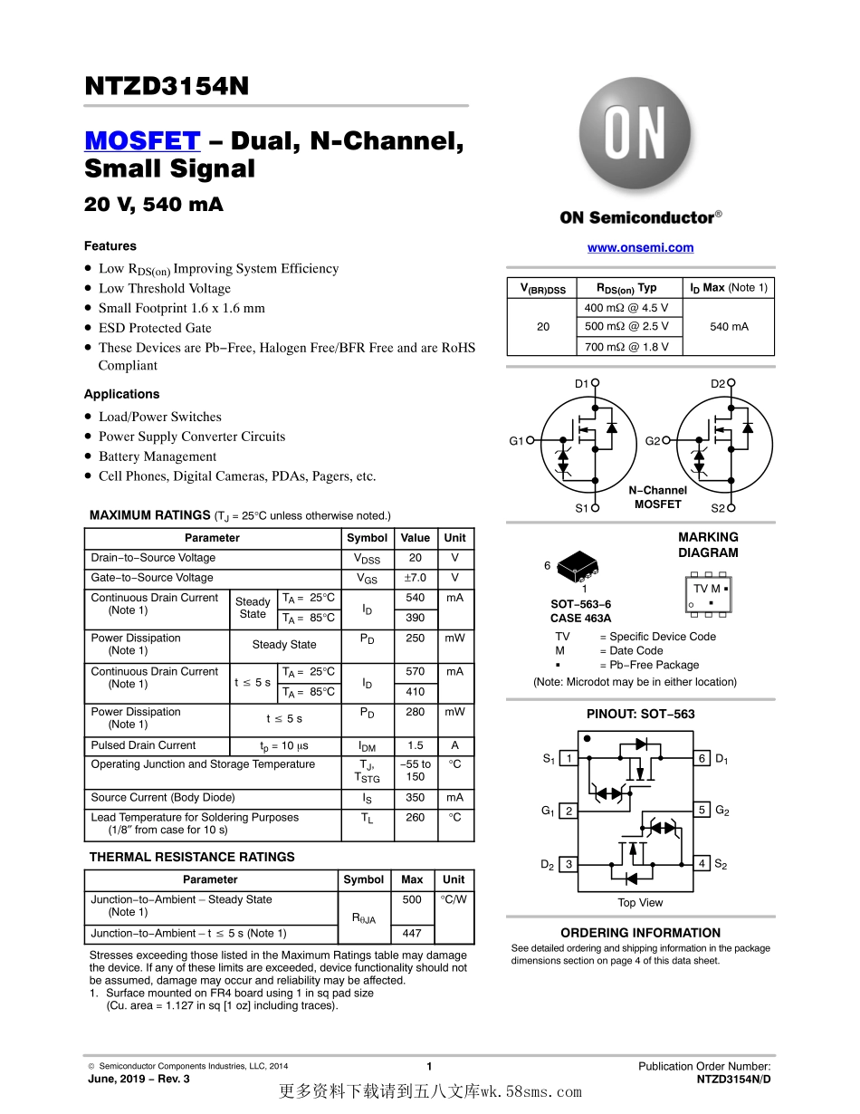 IC封装资料_三极管_NTZD3154NT1G.pdf_第1页