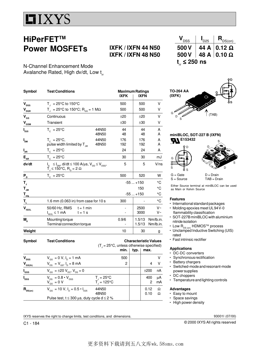 IC封装资料_三极管_IXFN44N50.pdf_第1页