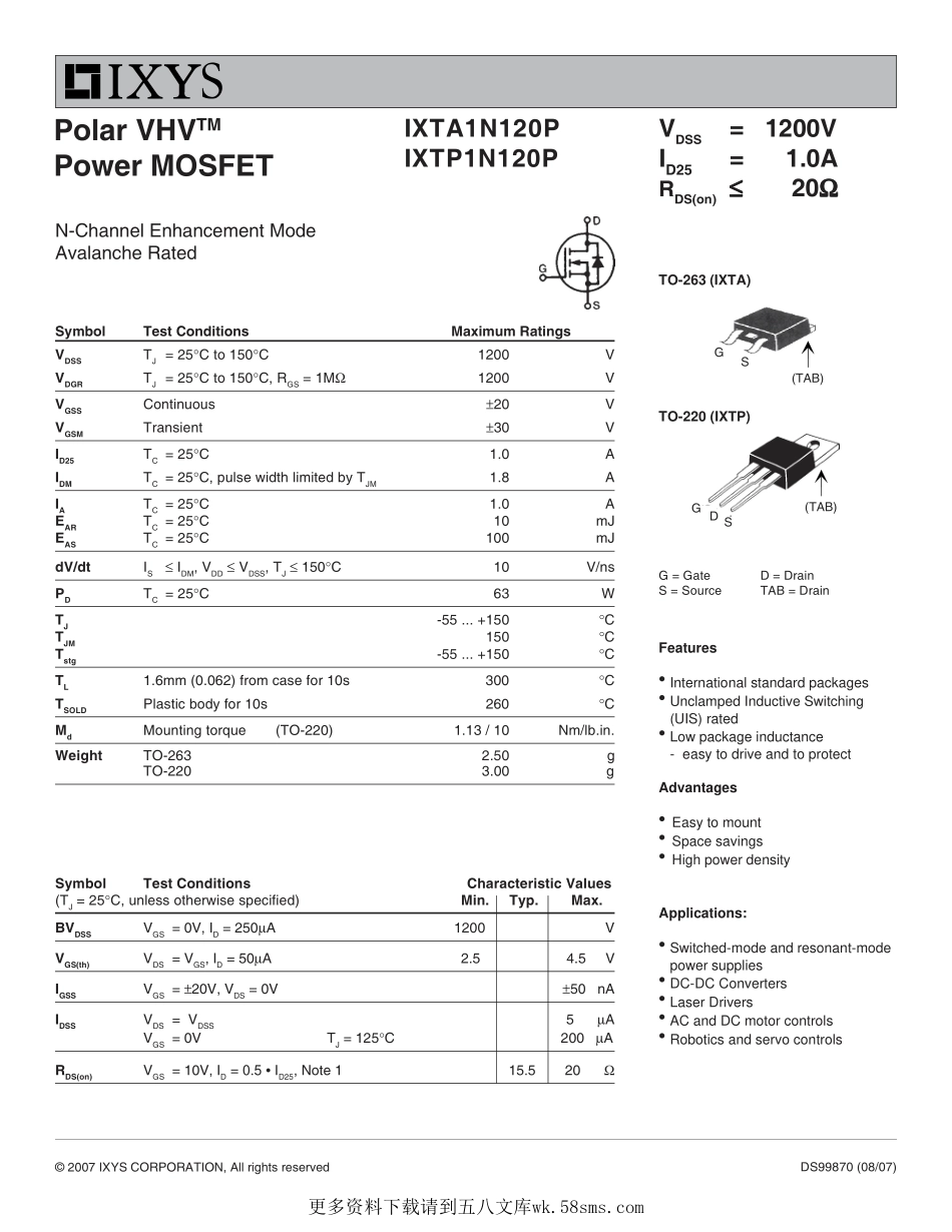 IC封装资料_三极管_IXTP1N120P.pdf_第1页