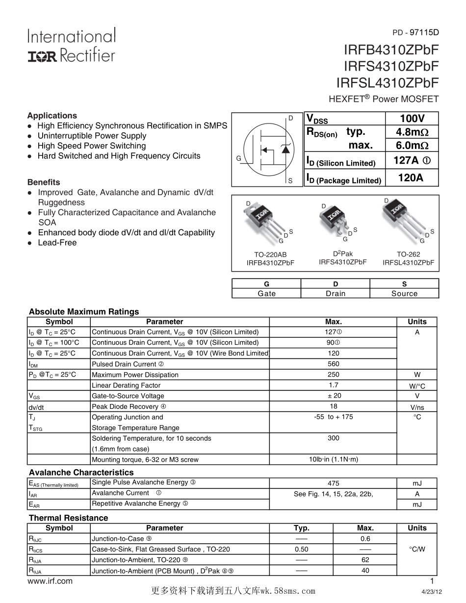 IC封装资料_三极管_IRFS4310ZTRLPBF.pdf_第1页