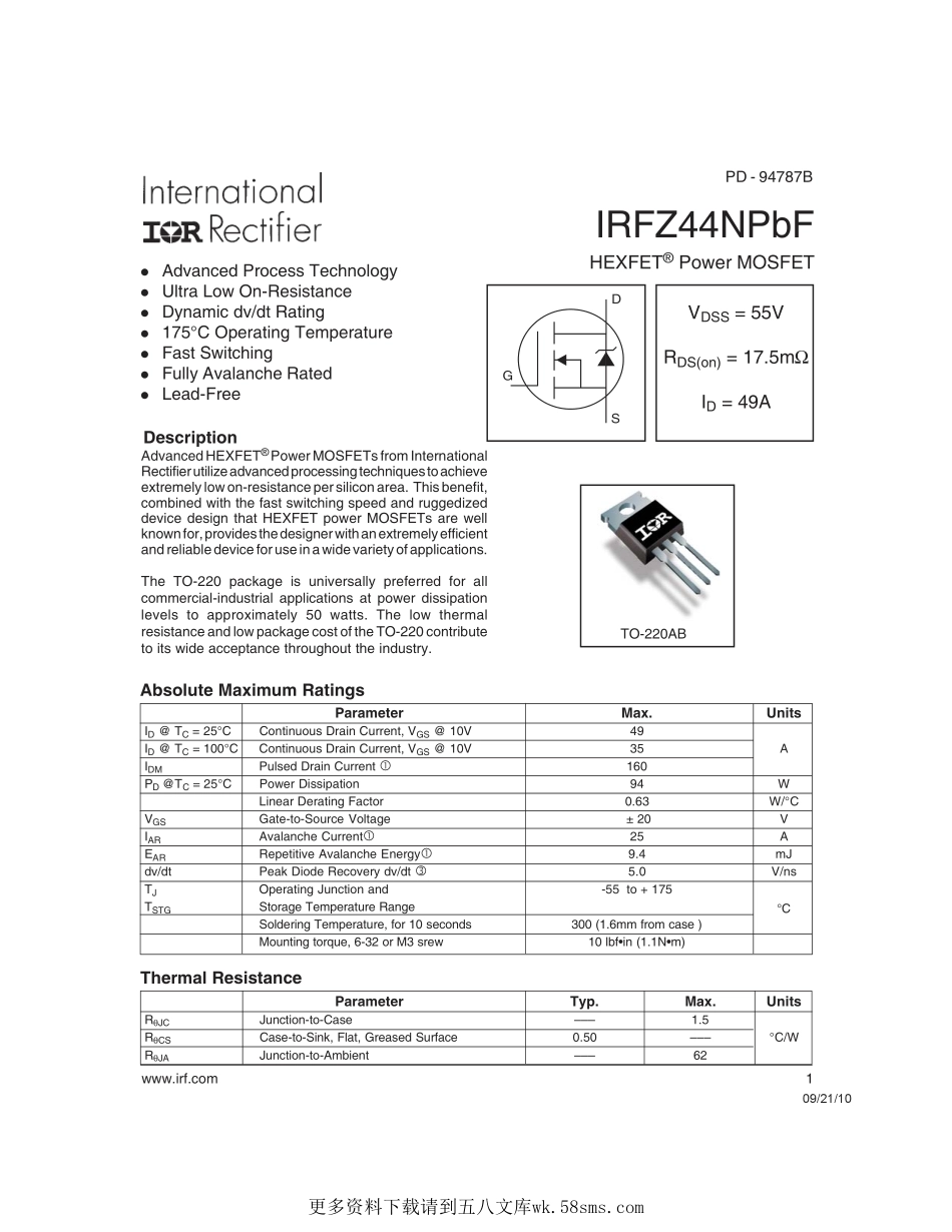 IC封装资料_三极管_IRFZ44NPBF.pdf_第1页