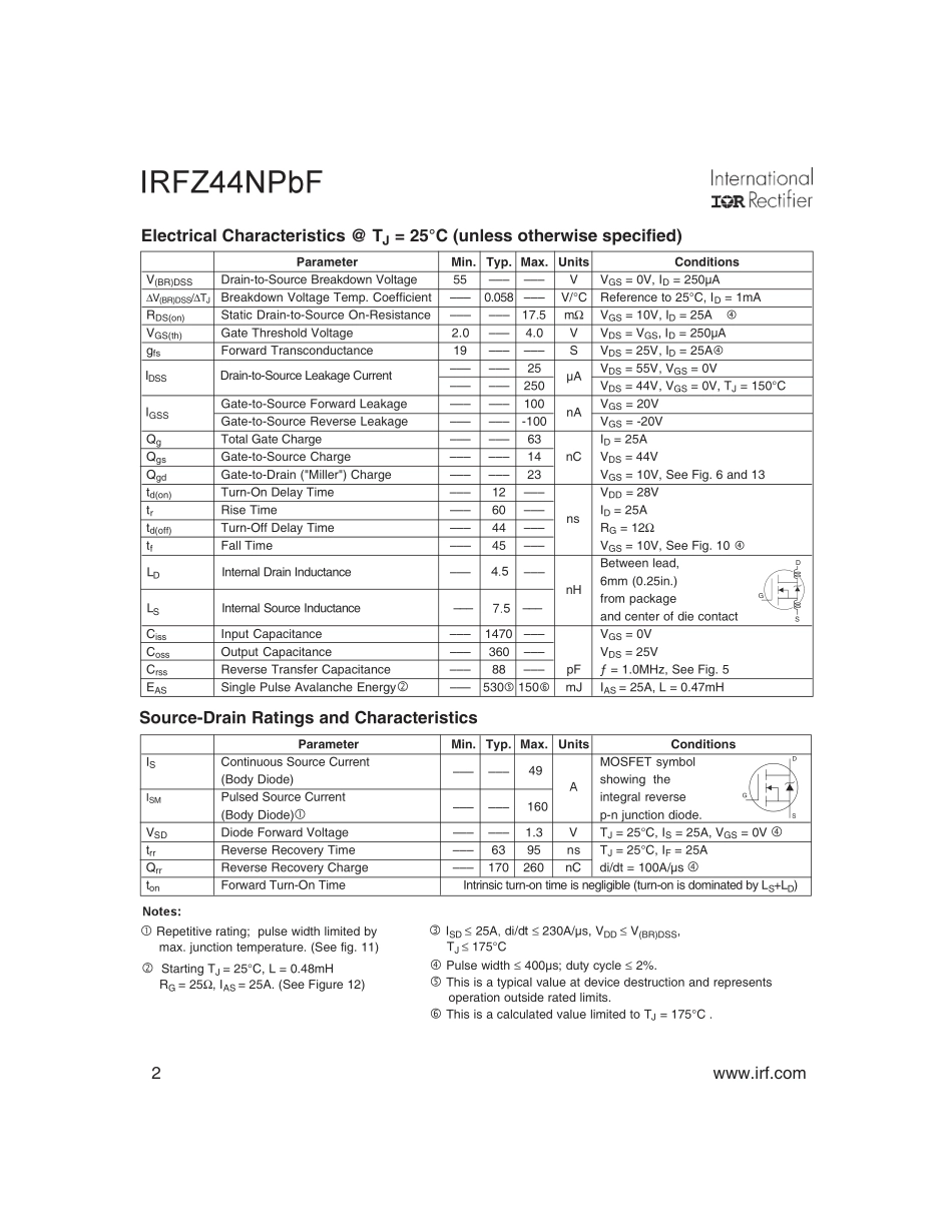 IC封装资料_三极管_IRFZ44NPBF.pdf_第2页