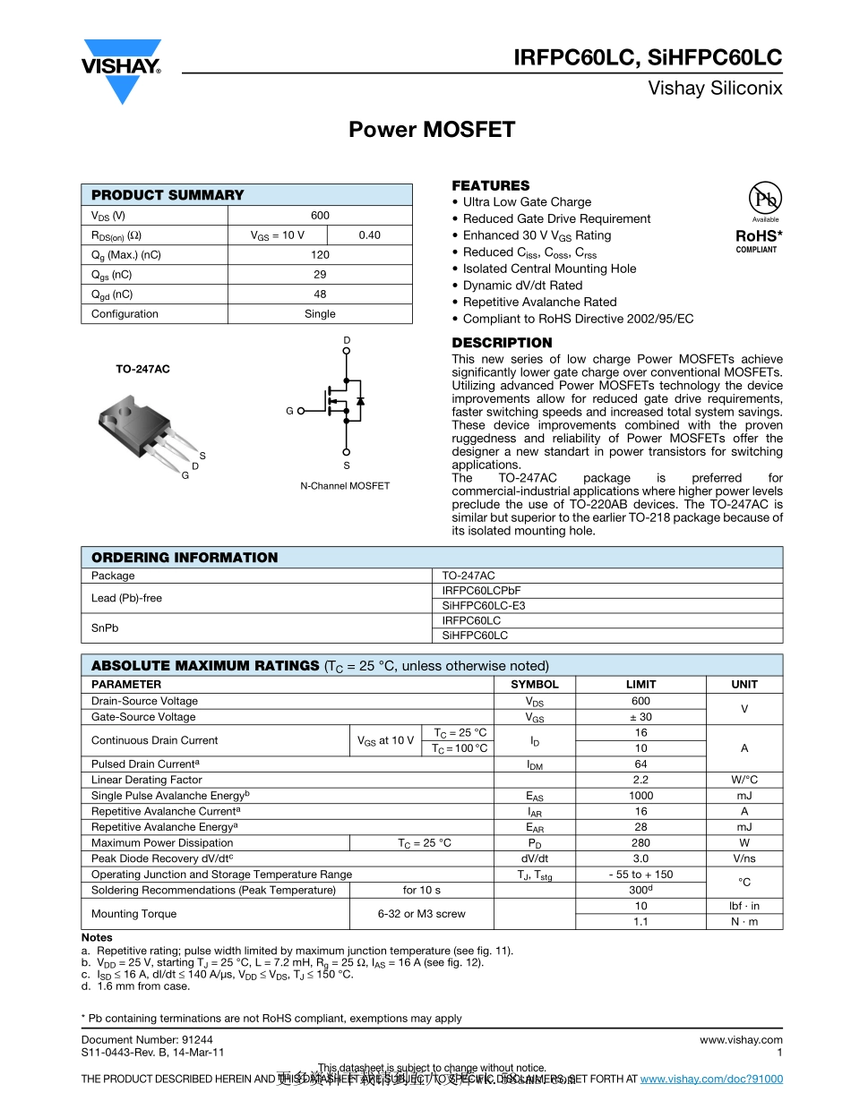 IC封装资料_三极管_IRFPC60LCPBF.pdf_第1页