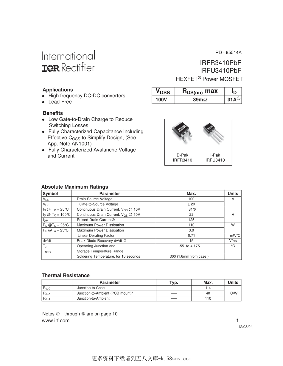 IC封装资料_三极管_IRFR3410TRPBF.pdf_第1页